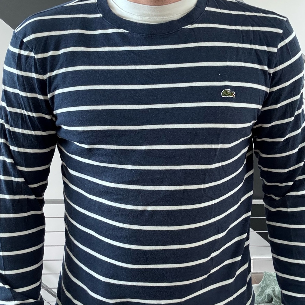 Lacoste Men's Long Sleeve Navy and White Striped Tee
